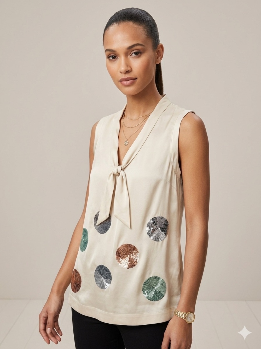 Professional 💯% SILK Cream Sleeveless Tie-Neck Camisole with Multicolor Sequin